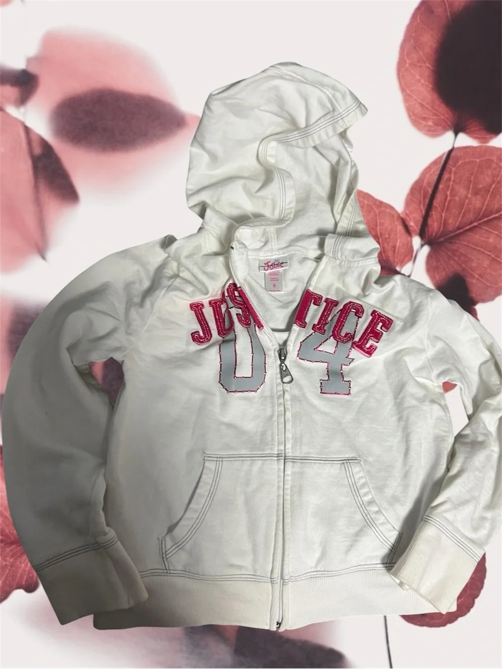 Justice White Girls' Zip-Up Hoodie with Pink Applique sz 8